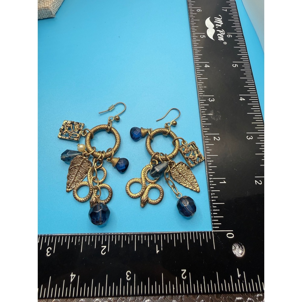 Bronze Snake Leaf Dragon Charm Dangle Earrings Blue Glass Bead Boho Statement